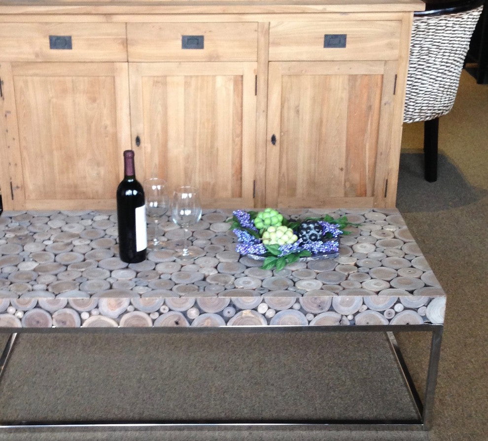 Teak Wood Coffee Table With Stainless Base