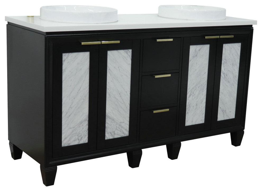 61" Double Sink Vanity, Black Finish With Engineered Stone Top And Round Sink