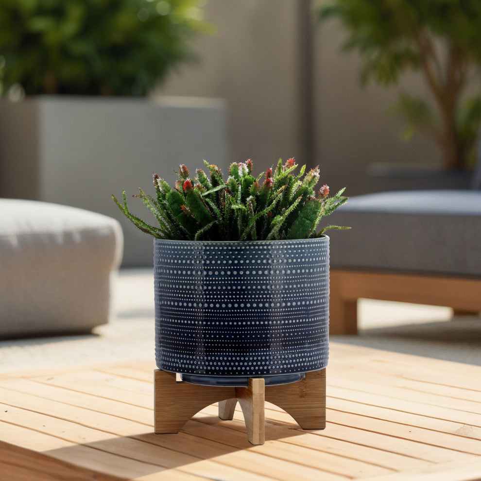 8" Dotted Planter With Wood Stand, Blue
