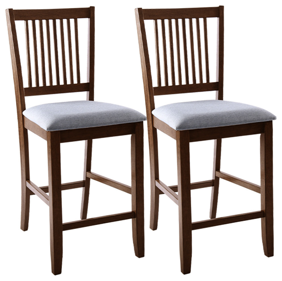 Set of 2 Slat-Back Padded Wood Counter Stools, Rusticwalnut