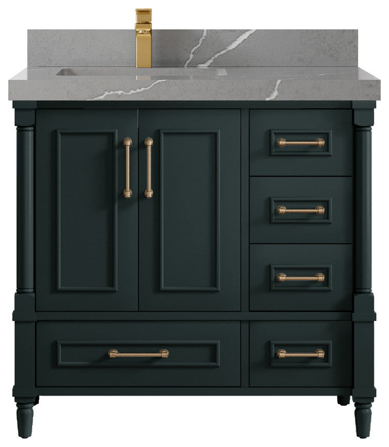 Aberdeen 36 Left Offset Bath Vanity in Dark Forest Green 2" Piatra Gray