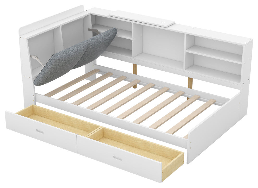 Gewnee Wood Twin Size platform bed with Storage Headboard