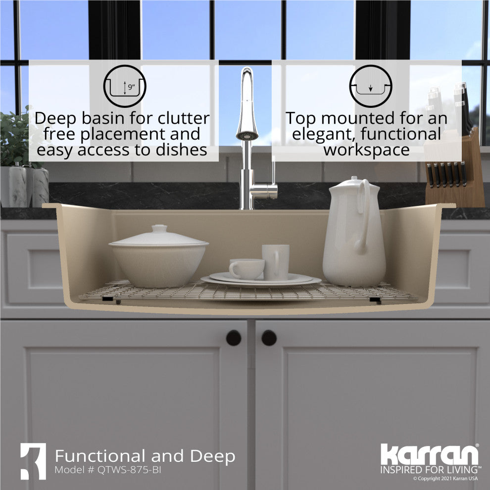 Karran Top Mount 33" Single Bowl Quartz Workstation Kitchen Sink, Bisque