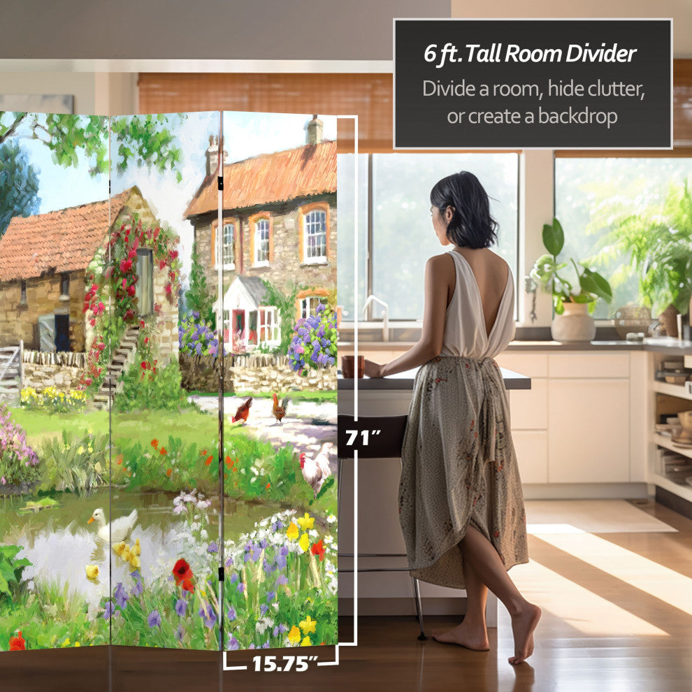 6' Tall Double Sided Country Village Canvas Room Divider