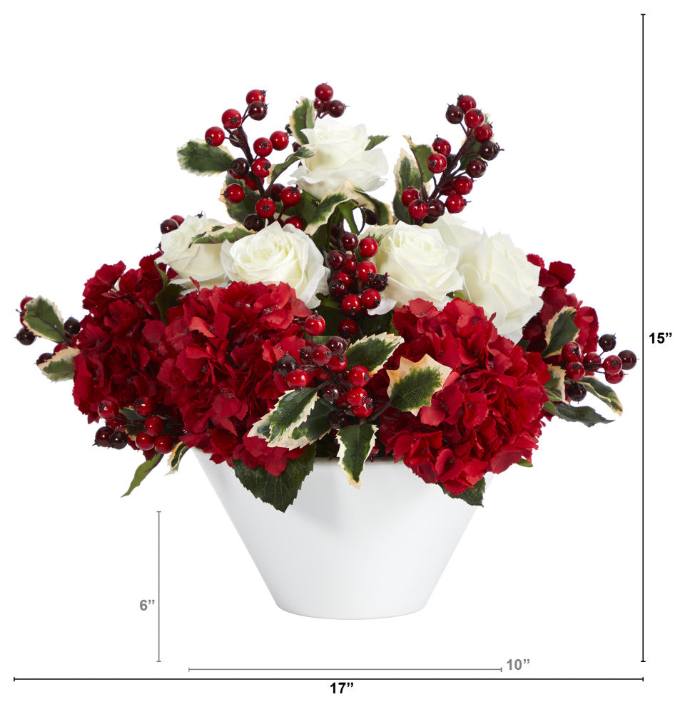 17" Rose, Hydrangea and Holly Berry Artificial Arrangement, White Vase