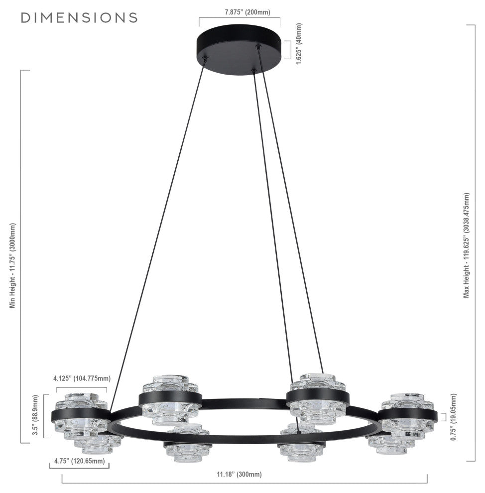 Milano 33" ETL Certified Integrated LED Height Adjustable Chandelier, Black