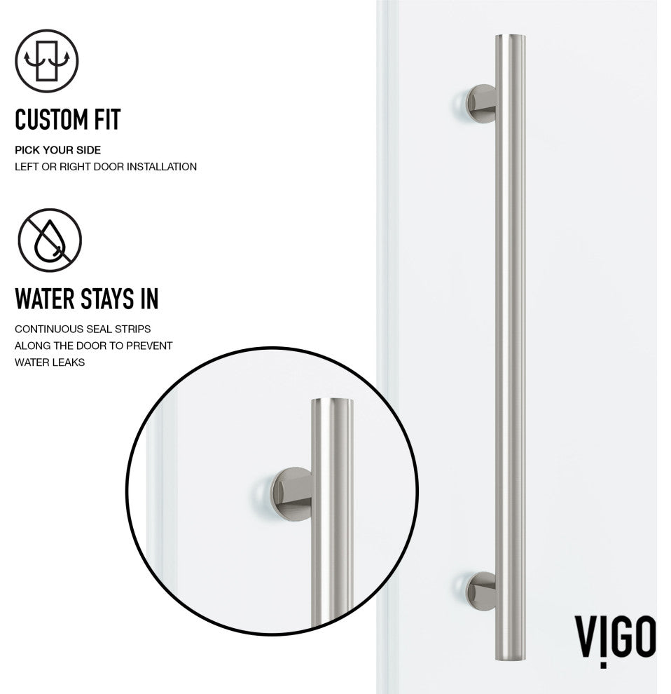 VIGO Elan 56" to 60" W x 74" H Frameless Sliding Shower Door, Stainless Steel, Left, Frosted Glass