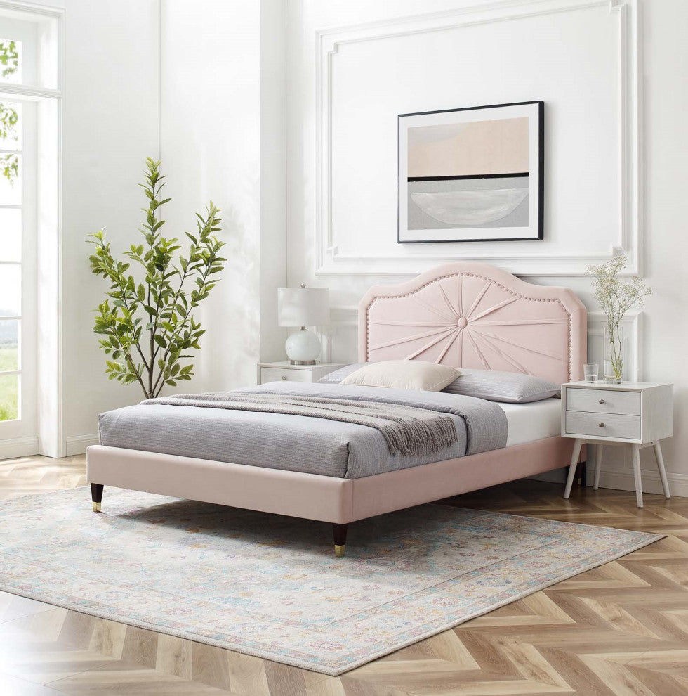 Platform Bed Frame, Full Size, Velvet, Pink, Modern Contemporary, Bedroom Master