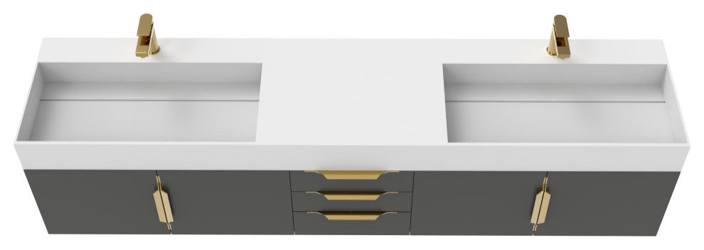 CastelloUSA Amazon 84" Wall Mounted Vanity Set, Black, White Top, Gold Handles
