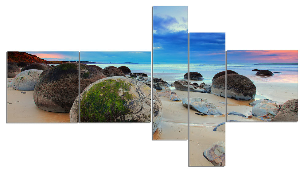 Cloudy Sunrise Over Moeraki Boulders, Seashore Canvas Print, 60"x32", 5 panels