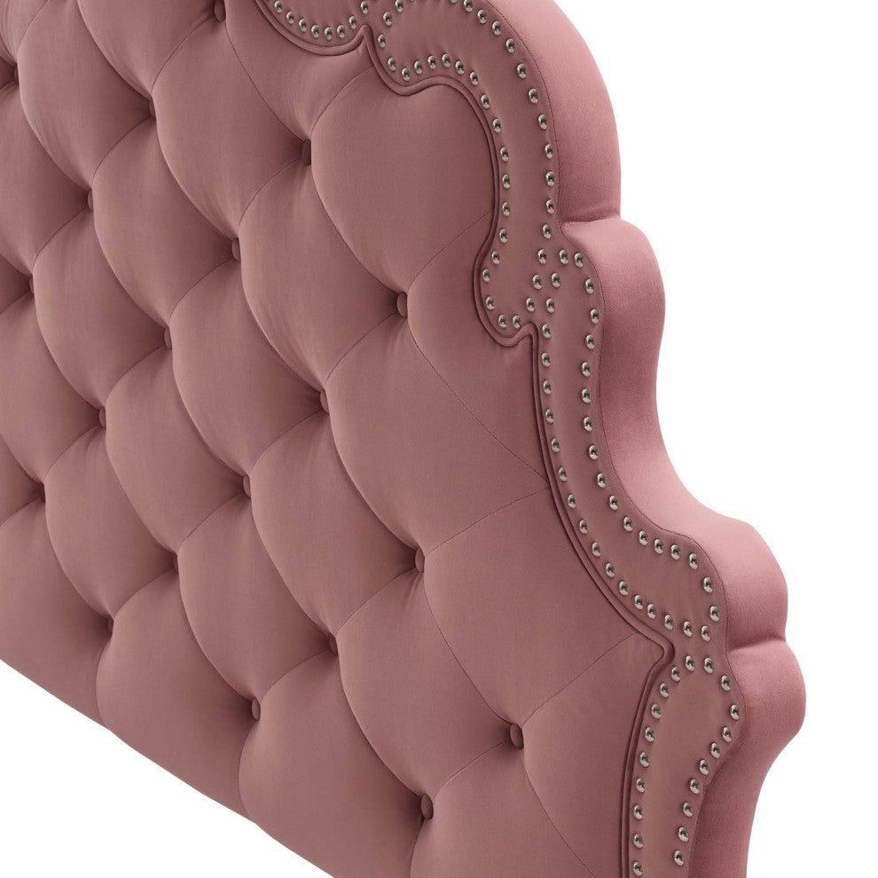 Tufted Headboard, Nailhead, King California, Pink, Velvet, Modern, Mid Century