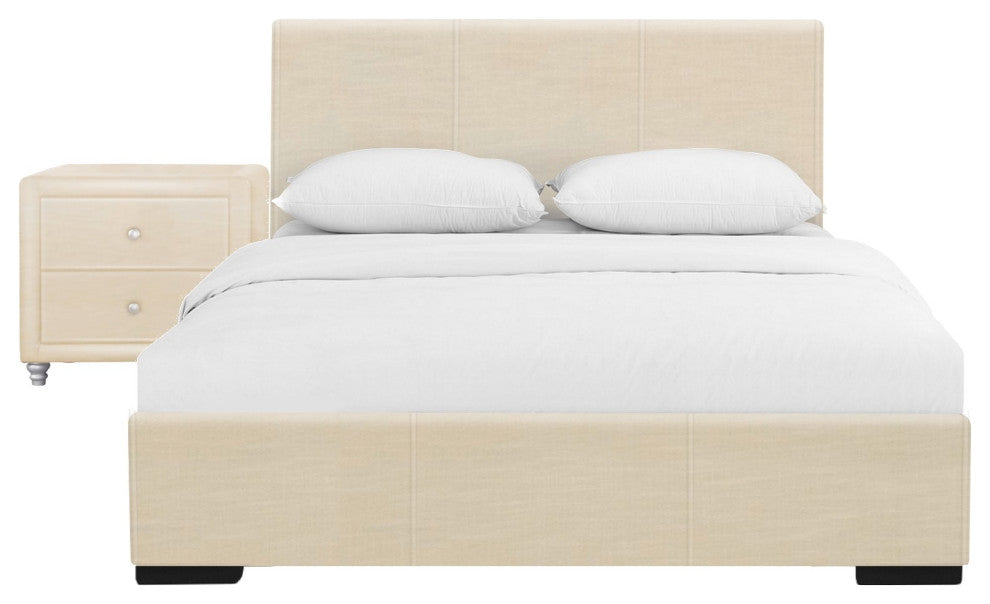 Beige Upholstered Twin Platform Bed With Nightstand