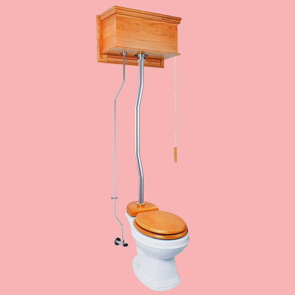 Light Oak Flat High Tank Pull Chain Toilet with White Round Bowl & Satin Z-Pipe