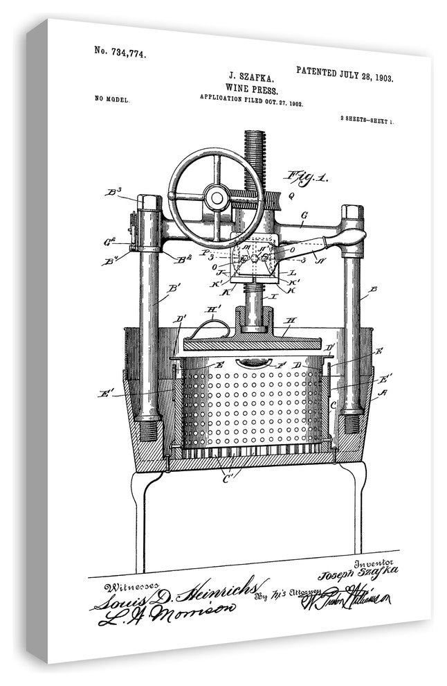 Vintage Wine Press Patent 20x30 Print on Canvas
