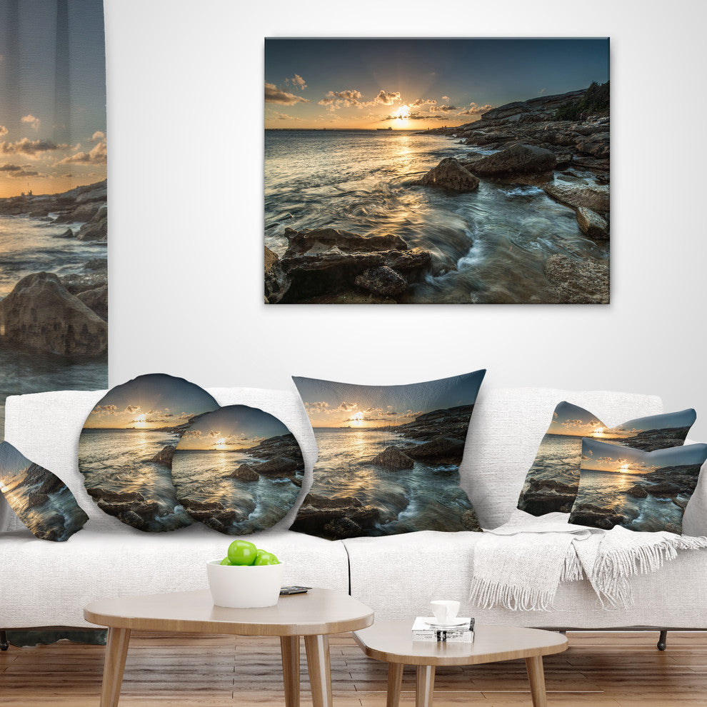 Sydney Beach with Bright Sunset Seascape Throw Pillow, 16"x16"