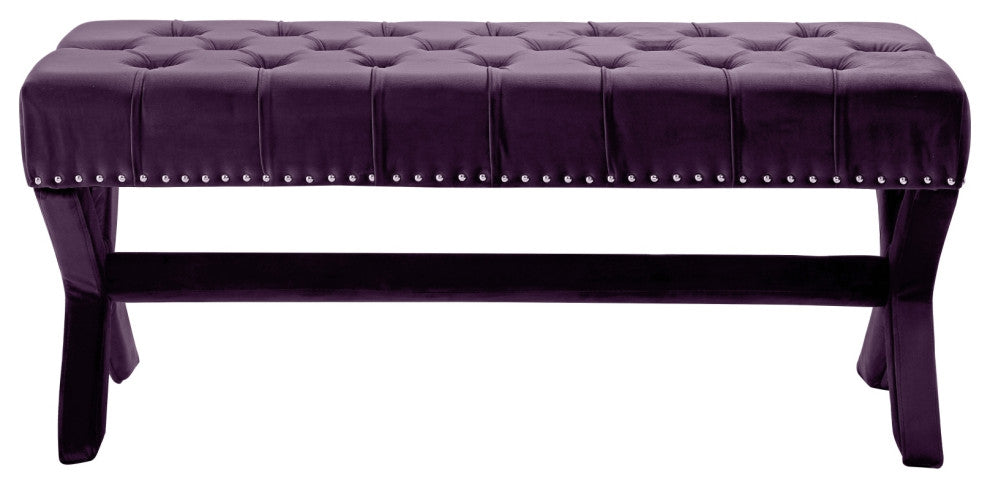 Diana Velvet Button Tufted Silver Nailhead Trim X-Leg Bench, Plum