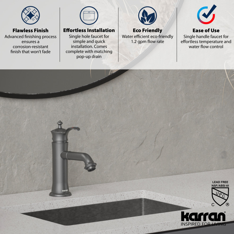 Karran 1-Handle 1-Hole Bathroom Faucet With Pop-up Drain, Gunmetal Grey