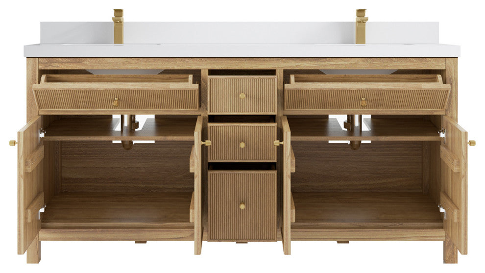 Sonoma 72 Double Sink Bath Vanity in Light Natural Teak with 2" White Quartz