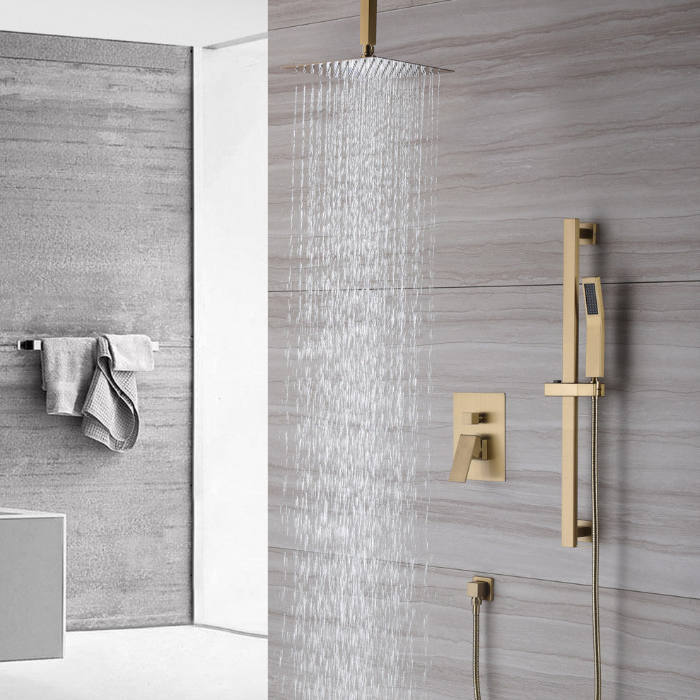 CASAINC 10" Ceiling Mounted Shower System Set w Sliding Handheld Rod, Brushed Gold
