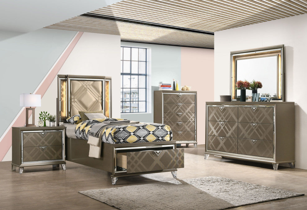 ACME Skylar Full Bed With Storage, LED, PU and Dark Champagne