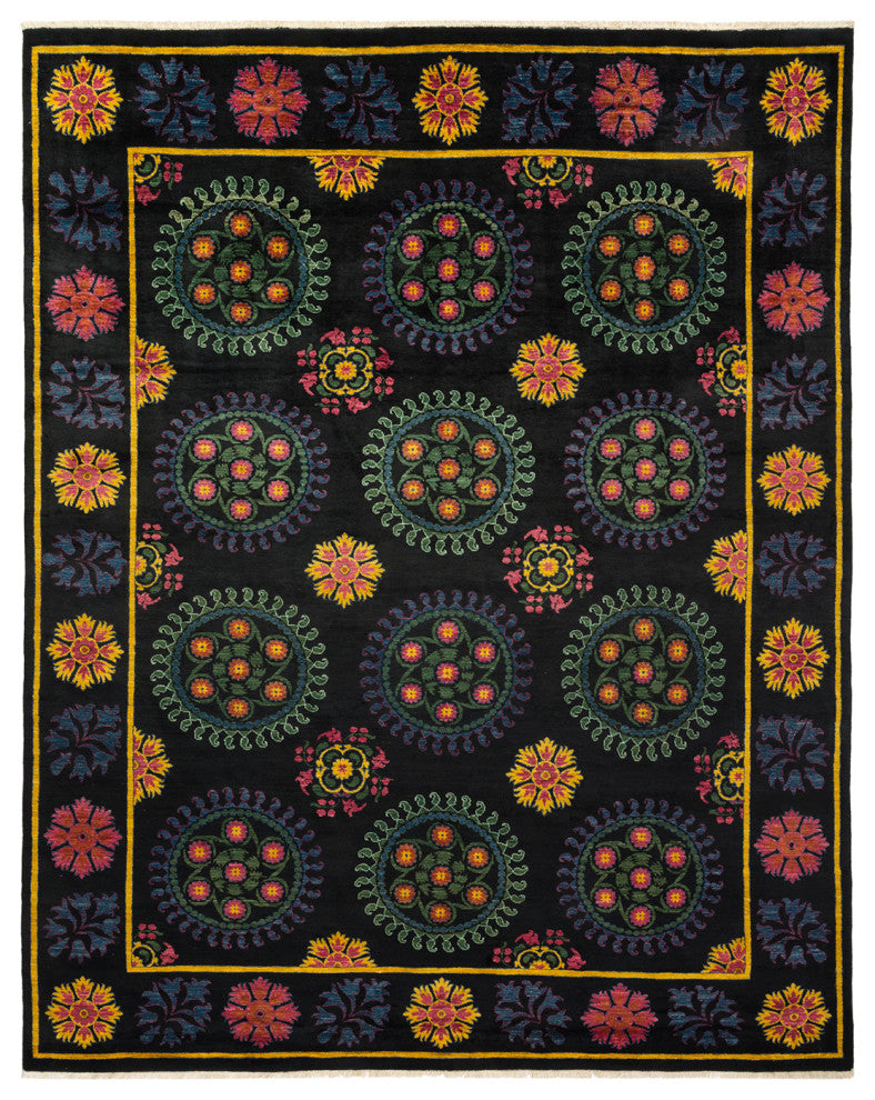 Suzani, One-of-a-Kind Hand-Knotted Area Rug Black, 9'1"x11'4"
