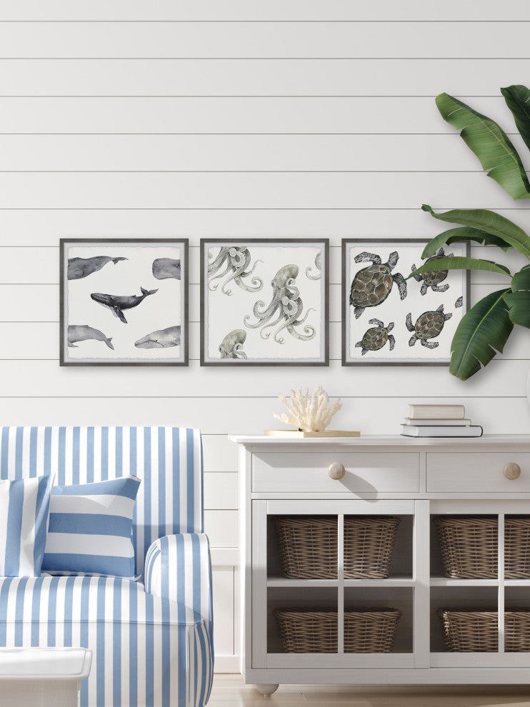 Whales and Octopus Triptych, 3-Piece Set, 24x24 Panels
