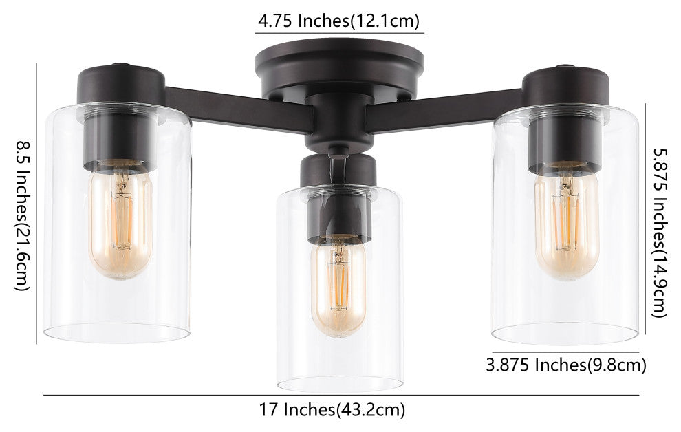 Orville 17" 3-Light Farmhouse Iron LED Semi Flush Mount, Oil Rubbed Bronze/Clear