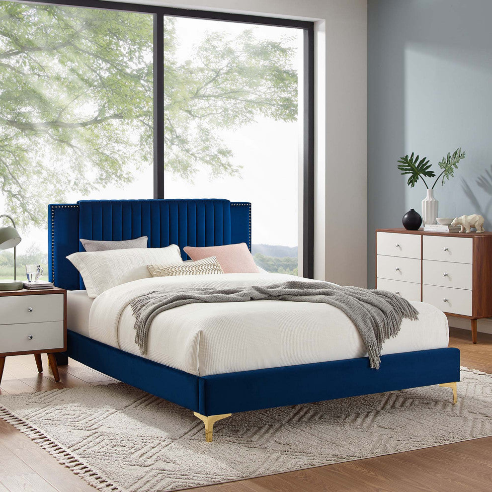 Zahra Channel Tufted Performance Velvet Queen Platform Bed, Navy