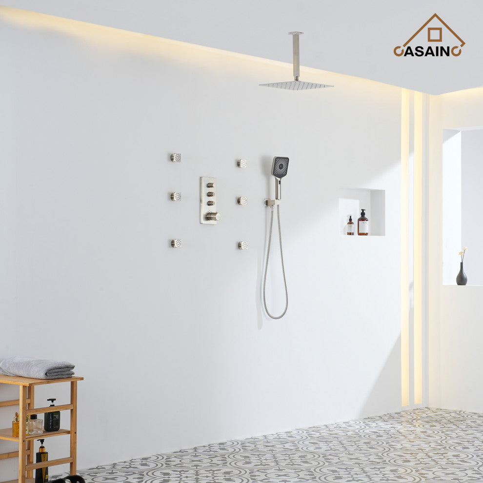 Ceiling Mounted Thermostatic Shower System, Brushed Nickel