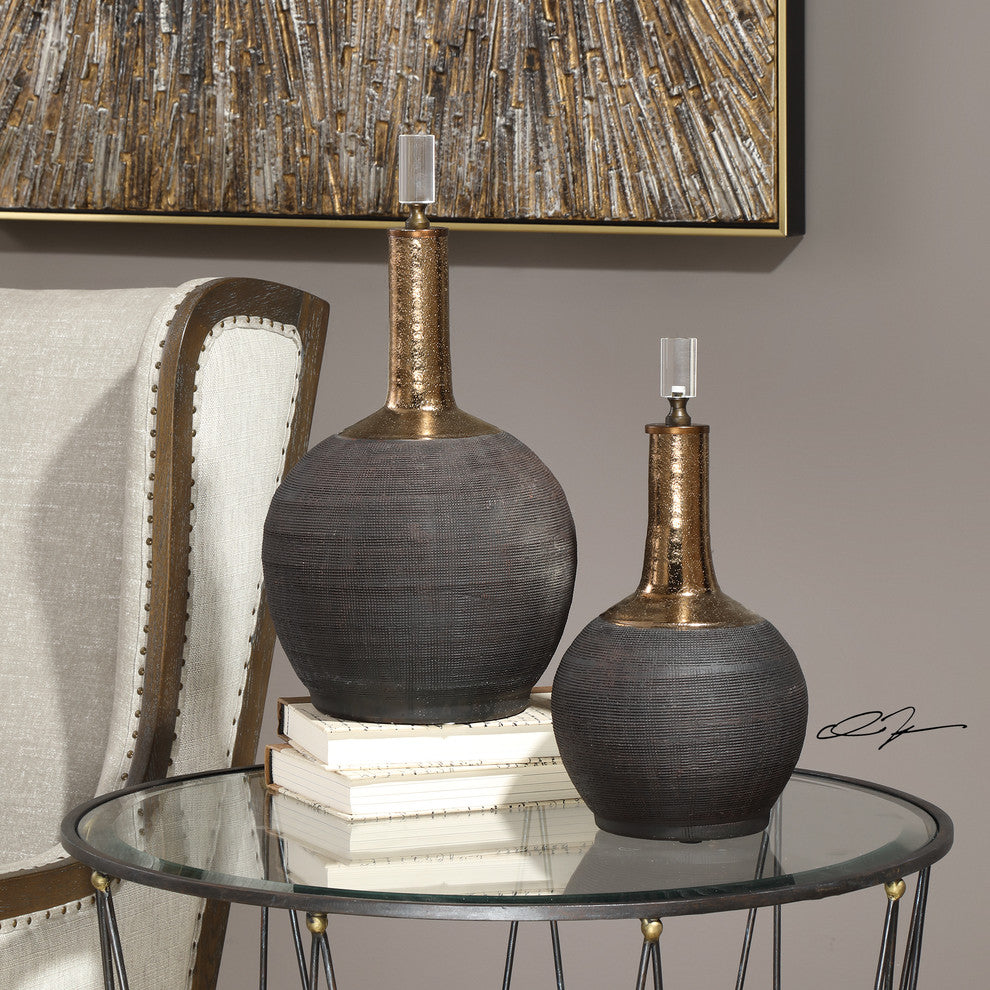 Luxe Sculpted Gold Black Ribbed Bottle, Set of 2