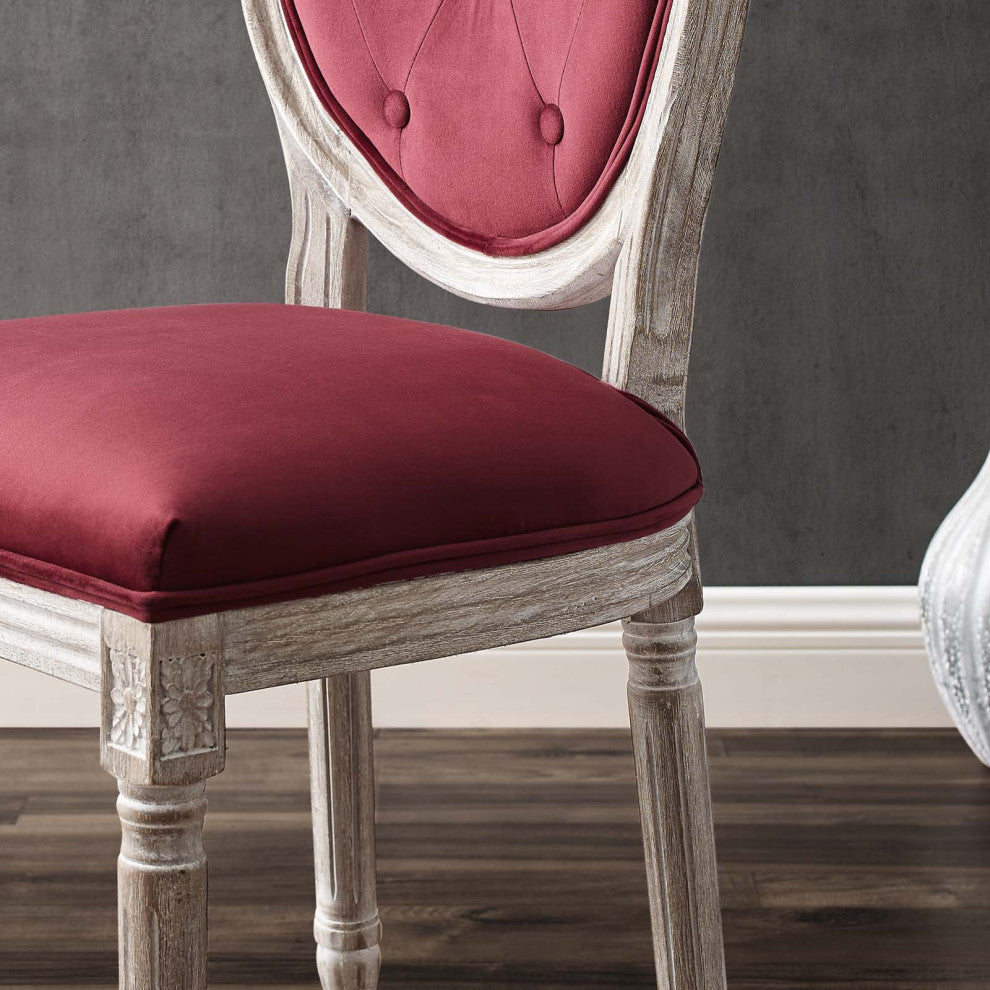 French Vintage Side Dining Chair, Velvet, Wood, Brown Natural Red, Modern