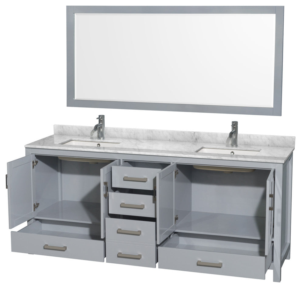 Wyndham WCS141480DGYCMUNSM70 80" Vanity in Gray + Carrera Marble and Square Sin