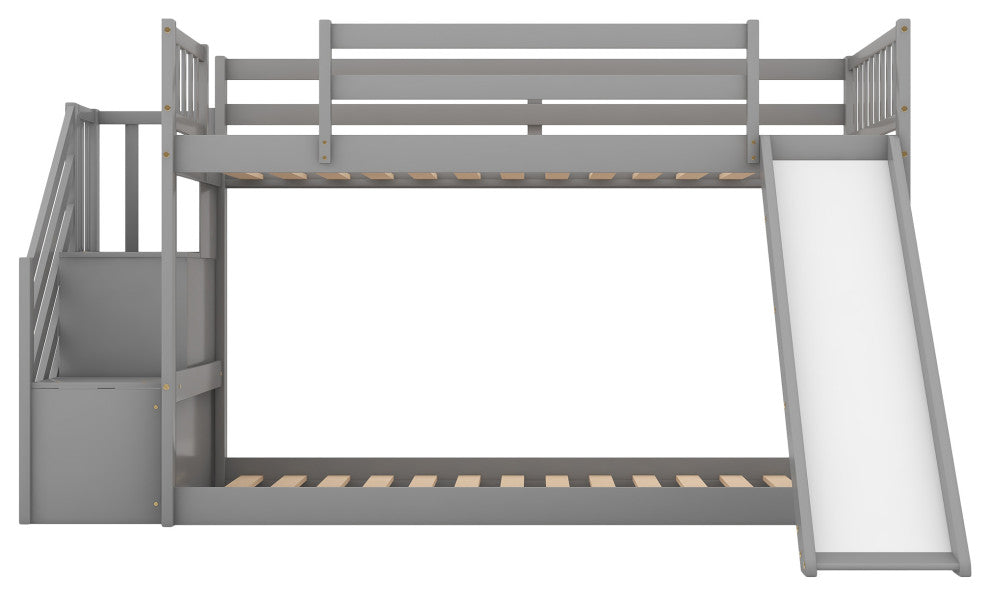 Twin over Twin Bunk Bed With Convertible Slide and Stairway, Gray