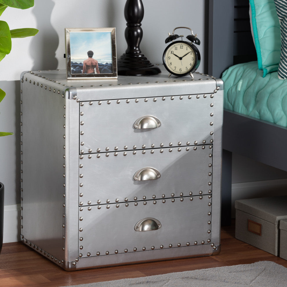 Hempstead French Industrial Silver Metal 3-Drawer Nightstand