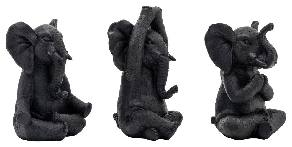 Resin, Set of 3, 8"H, Yoga Elephants, Black