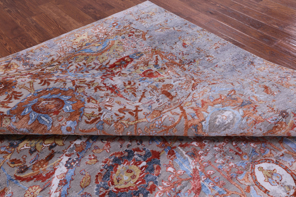 9' 0" X 12' 1" Persian Sickle Leaf Design Wool and Silk Hand Knotted Rug Q8716
