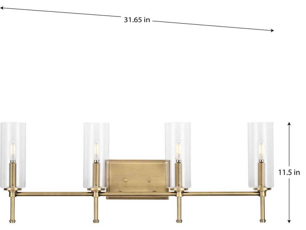 Elara Collection 31.65, 4-Light Vintage Brass Clear Glass Bath Vanity Light