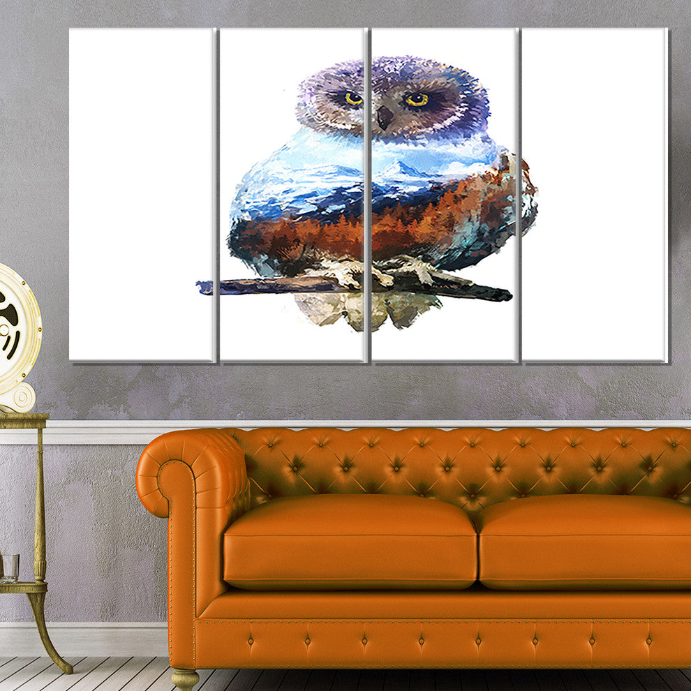 Owl Double Exposure Illustration, Large Animal Canvas Print, 48"x28", 4 Panels