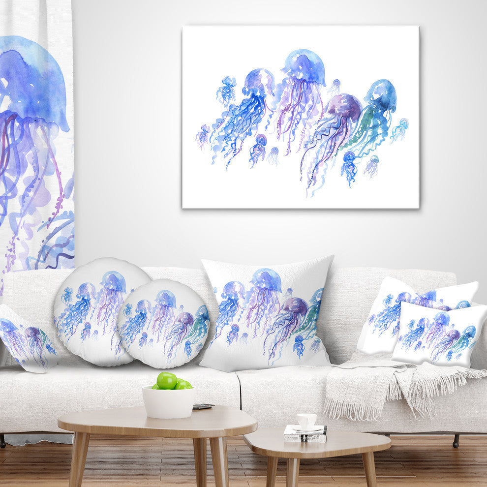 Blue Purple Jellyfish Group Abstract Throw Pillow, 16"x16"
