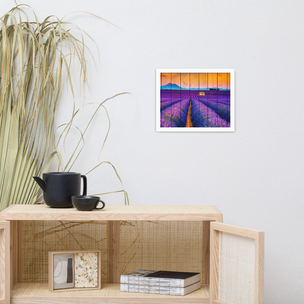 Faux Wood Lavender Fields and Sunset Landscape Framed Photo Paper Wall Art Print, White, 11" X 14"