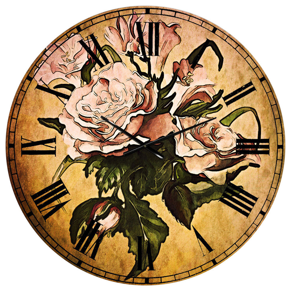 Pink Rose With Leaves Watercolor Floral Large Metal Wall Clock, 36x36