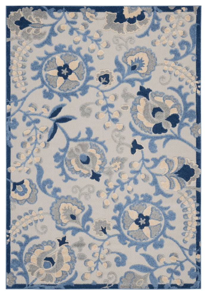 9' X 12' Blue And Grey Toile Non Skid Indoor Outdoor Area Rug