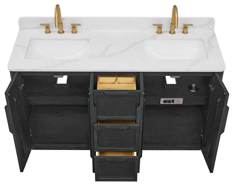 Busan Bath Vanity, Quartz Top No Mirror, Oak Classic Black, 60", Double Vanity