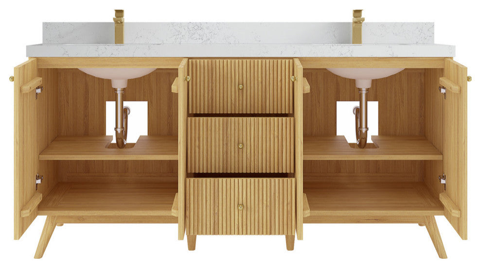 Pasadena 72 Double Sink Bath Vanity in Light Natural Teak 2" Empira White