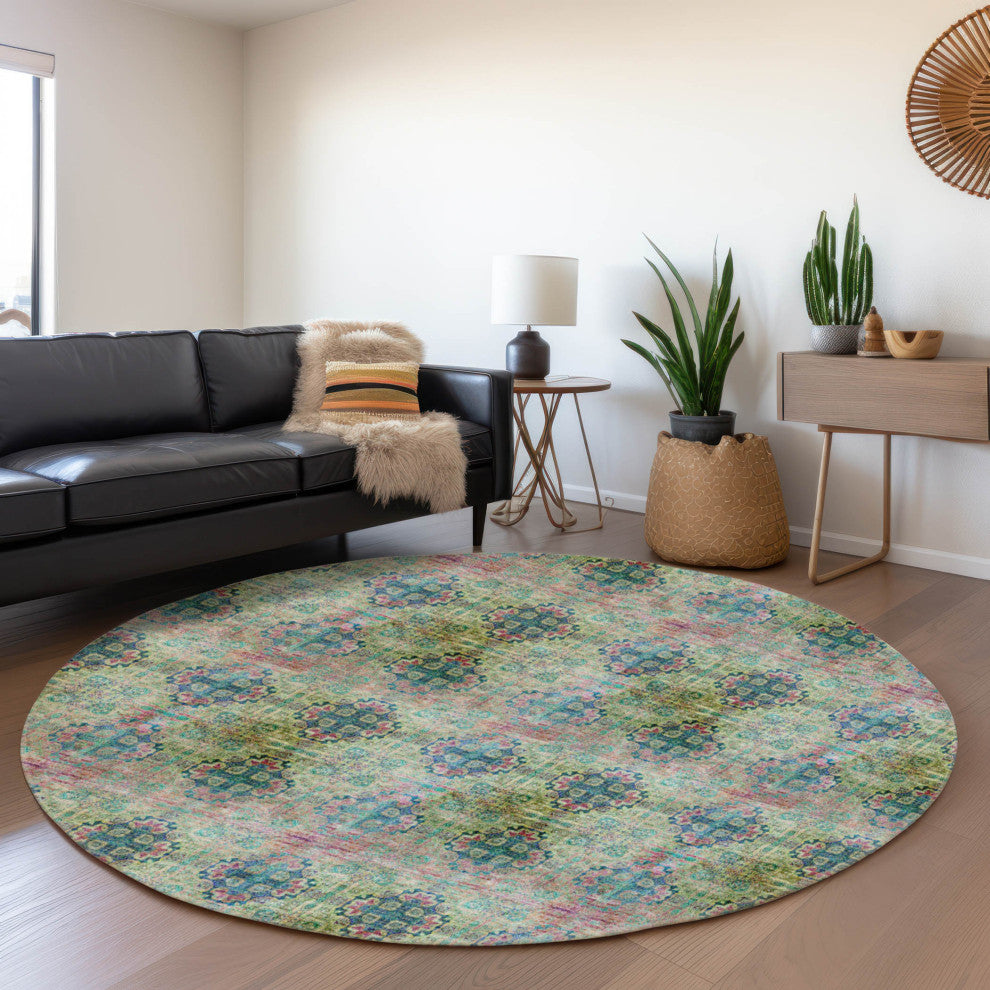 Premium Machine Washable Mayfield AMF557 Green 8' x 8' Round Rug