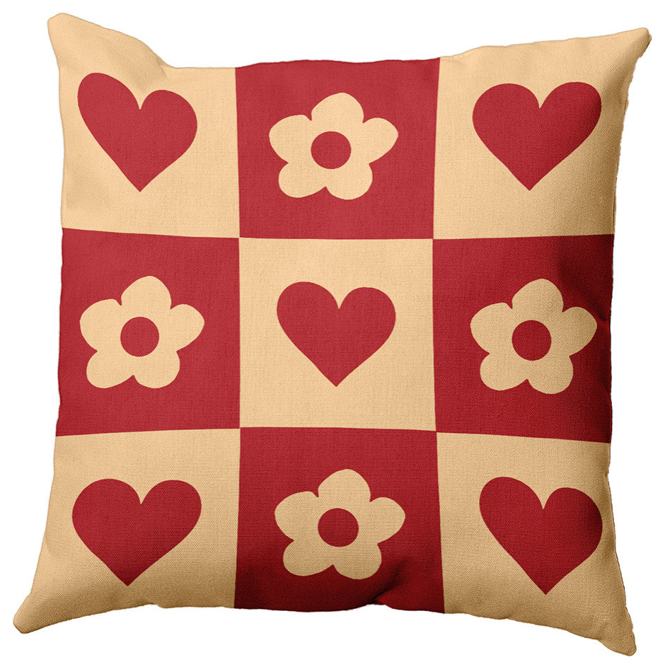 Heart And Flowers Grid Decorative Throw Pillow, Buddah, 16"x16"