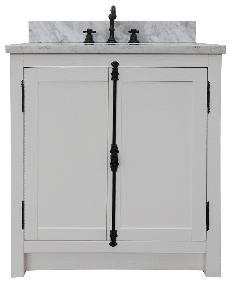 30" Single Vanity, Glacier Ash, White Carrara Top, Rectangle Sink