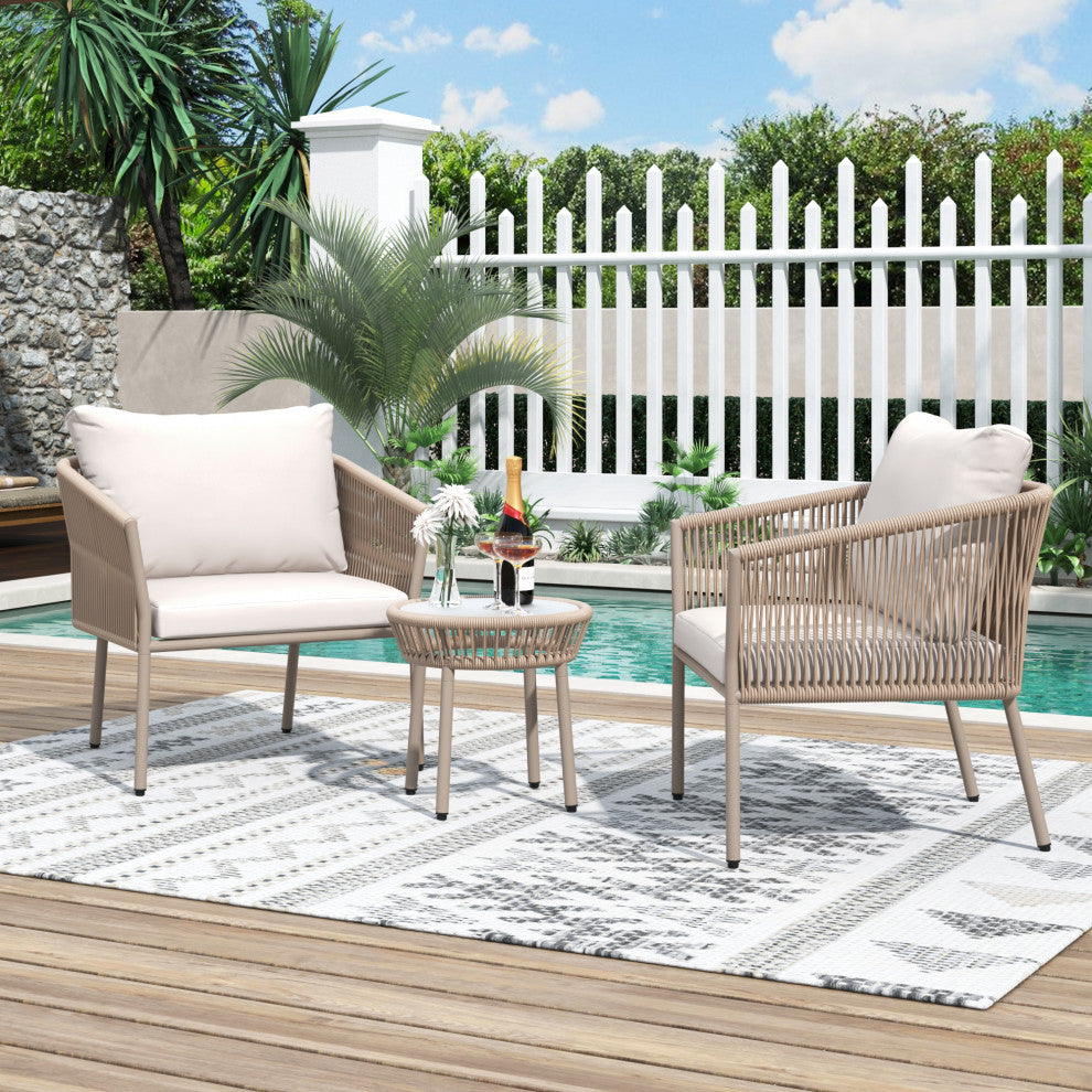 3-Piece Woven Rope Light Luxury Simple Style Outdoor Set with Coffee Table, Beige