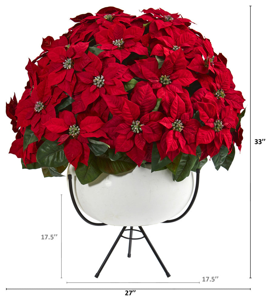 33" Grand Poinsettia Artificial Arrangement, White Vase With Metal Stand
