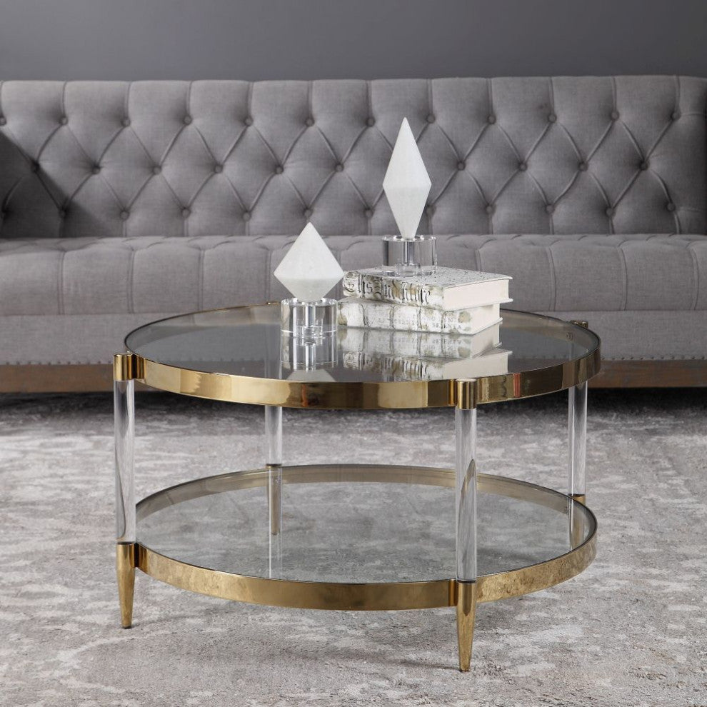 Uttermost Kellen Stainless Steel Glass and Acrylic Coffee Table in Gold
